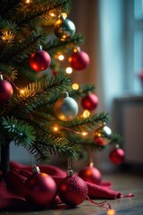 Christmas tree with shiny lights and colorful baubles scattered around it in a soft focus style, holiday, ornaments