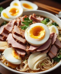 Close-up of juicy pork slices and soft-boiled egg on top of steaming hot Shoyu ramen noodle,  egg,  close-up