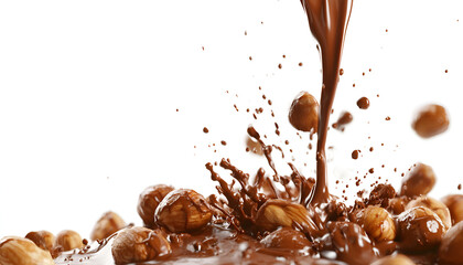 Pouring sweet chocolate onto hazelnuts against white background