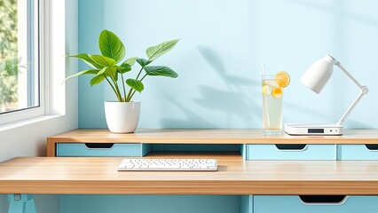 Modern Home Office Desk Setup Plants Light Keyboard Drink