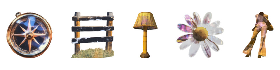 Fototapeta premium Compass, fence, lamp, flower, and pants vintage element set isolated on transparent background