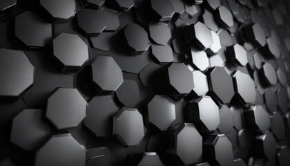 Dark metallic hexagon shapes scatter across a light-filled background with subtle gradient effect,  minimalist,  contrasting,  ambient