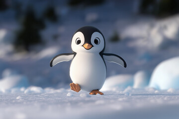 Cute small penguin waddling joyfully on the icy surface of a colorful polar landscape during a bright sunny day enjoying its playful surroundings