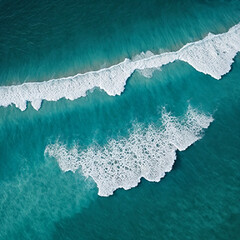 Fototapeta premium Aerial view beautiful of sea waves from drone. Stock image of blue color of ocean water, sea surface. Top view on turquoise waves, clear water surface texture. 