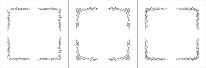 Set of three frames. Elegant Scandinavian black and white ornamental frame, decorative border, corners. Isolated vector illustration.	

