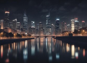 Naklejka premium Faded film photo with light leak effect showing cityscape at night, cityscape, vintage