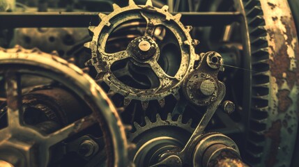A close-up of interlocking steel gears and rotating cogs inside a massive industrial engine, covered in thick grease and grime. Soft overhead lighting highlights the intricate mech