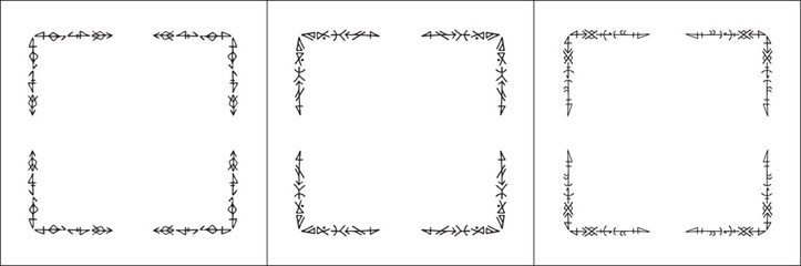 Fototapeta premium Frame set. Three frames with elegant black and white ornamental frame with Viking runes, decorative border, corners. Isolated vector illustration. 