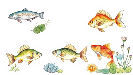 Fototapeta premium Colorful Fish Illustration Aquatic Life Pond Koi Trout Water Plants Floral Design