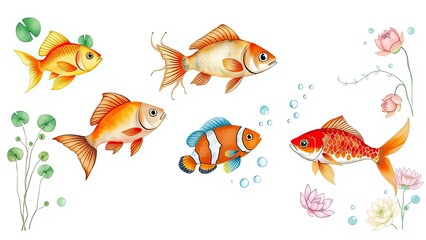 Naklejka premium Colorful Koi Fish Clownfish Watercolor Illustration Aquatic Life Pond Plants