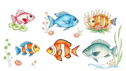 Fototapeta premium Colorful Watercolor Fish Illustration Aquatic Life Marine Animals Ocean Underwater World Sea