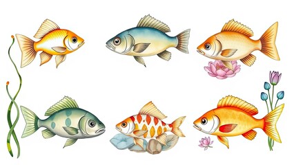Fototapeta premium Colorful Fish Illustration Aquatic Life Koi Goldfish Pond Nature