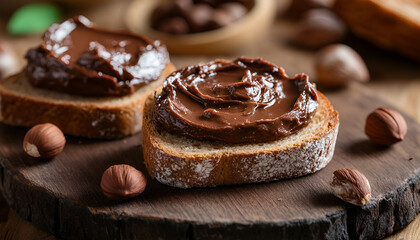 Bread with sweet chocolate hazelnut spread on wooden background