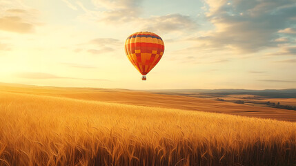Obraz premium A hot air balloon floating above a golden wheat field.