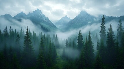 Fototapeta premium Misty Green Valley with Towering Mountains and Dense Fog Rolling Over Coniferous Forest and Blue Sky in Scenic Landscape