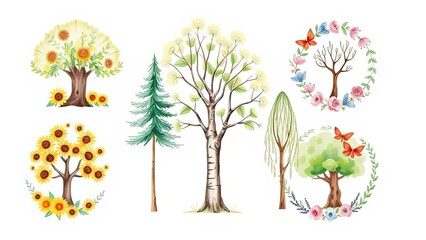 Watercolor Trees Sunflowers Butterflies Floral Wreaths Spring Nature Illustrations