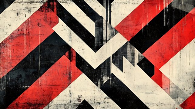 An abstract design with bold zigzag patterns and checkerboard overlays in high-contrast black, white, and red