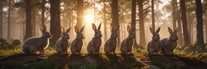 Obraz premium Group of rabbits standing in a forest clearing at sunset, outdoors, fauna, landscape