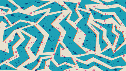 Dynamic abstract pattern featuring bold zigzag lines, splatter effects, and a blue-beige color scheme. Perfect for trendy backgrounds, artistic designs, and modern graphic projects.