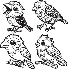 "Charming Cartoon Bird Silhouettes - Black and White Avian Illustrations