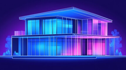 Obraz premium Modern House Neon Architectural Design Visualization