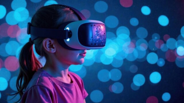 A little girl in a VR headset, surrounded by light effects, symbolizing immersion in virtual reality. Suitable for entertainment and technology themes.