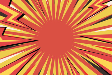 Pop art radial colorful comics book magazine cover. Striped color digital background with thunder flash. Cartoon funny retro pattern strip mock up. Vector halftone illustration. Sunburst shape.