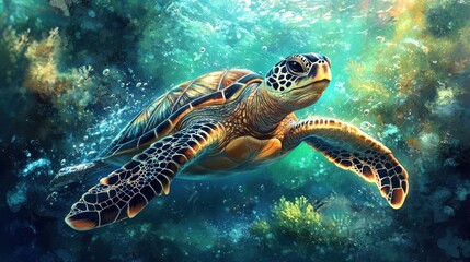 Obraz premium Sea turtle swimming in vibrant coral reef.