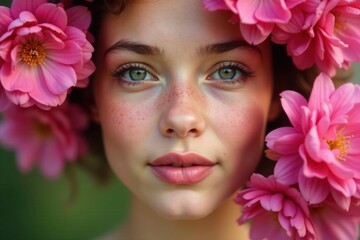 Close-up portrait, charming face framed by pink blooms, high-resolution, beautiful