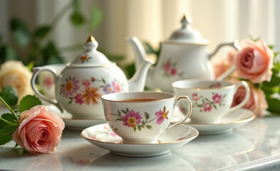 Fototapeta premium cup of tea and teapot with flowers for special celebrations