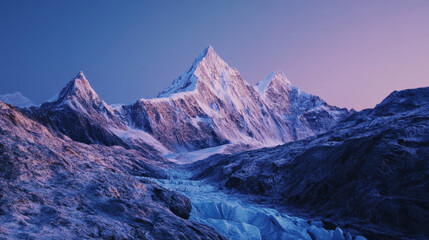 Fototapeta premium A dramatic mountain ridge bathed in the last light of the day, with intricate rock formations and glacial ice reflecting the ambient glow