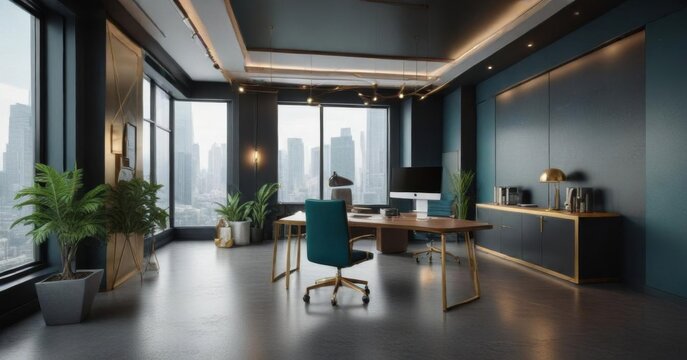 Modern corporate office with gold accents and dark teal tones,  boardroom,  luxury,  interior design