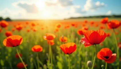 Crimson poppies sway gently in a sun-drenched field , color, floral