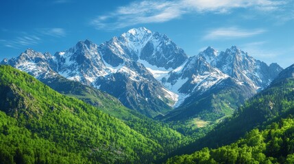 Fototapeta premium Majestic snow-capped mountain range with lush green forest under clear blue sky