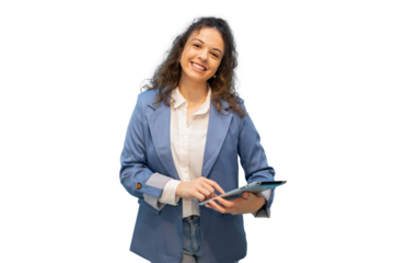 Smiling businesswoman using tablet with transparent background
