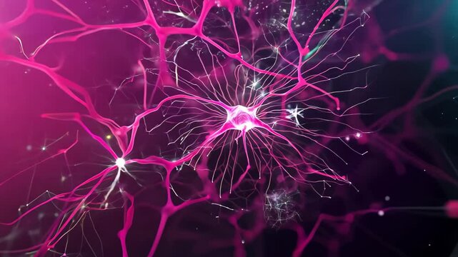 Glowing Neon Neural Network in Abstract Cosmic Scene with Pink Lights and Futuristic Design for Science and Technology Themes