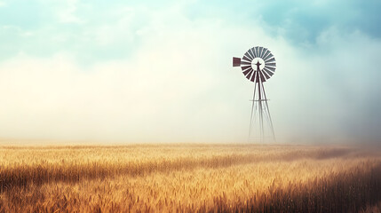 A lone windmill emerging from the morning mist above wheat fields.