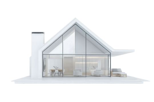 Modern Architectural Rendering Of A White Minimalist House With Glass Walls And Interior Design