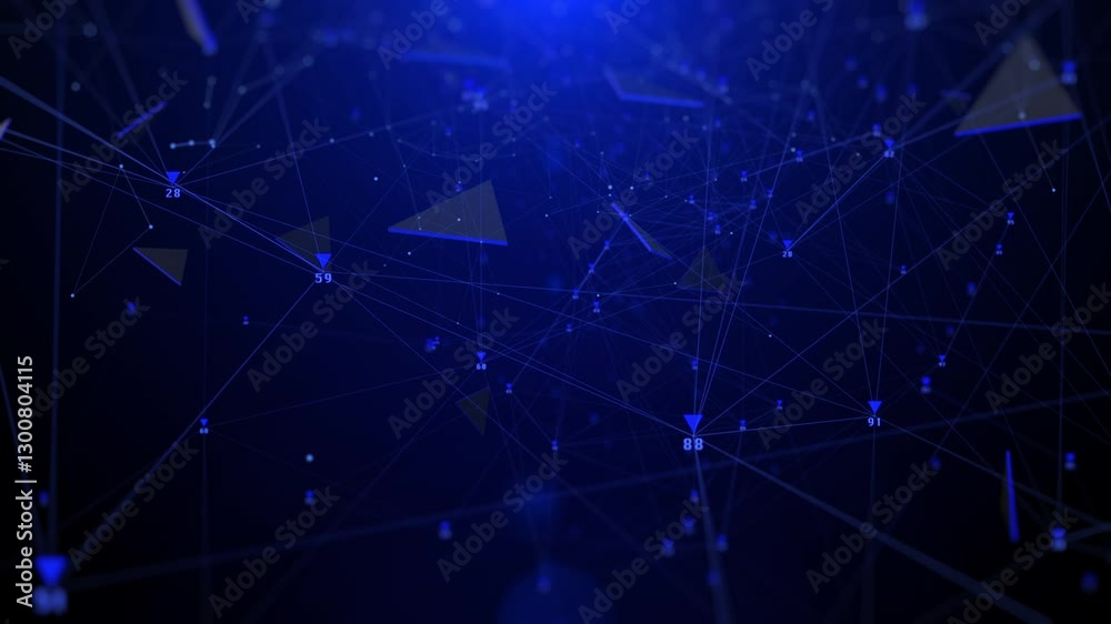 Poster Futuristic network connection smooth movement on blue background. Geometric triangle pattern moving on cyber space 4K motion