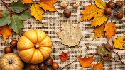 Autumn Harvest Pumpkins Acorns Fall Leaves on Burlap