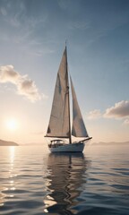 Fototapeta premium Sailboat anchored in calm waters with sails unfurled, boat, sea