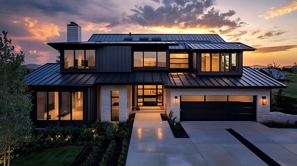 Modern Home Exterior at Sunset with Contemporary Design and Lighting