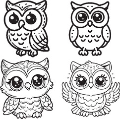 Charming Cartoon Owl Silhouettes - Black and White Avian Illustrations