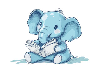 Cute Blue Elephant Reading Book in 2D Line Art Style with High Resolution Upscale and Cartoon Appeal