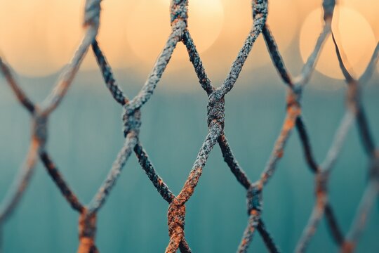 Rusty chain-link fence glows under golden sunset light. Generative AI - Powered by Adobe