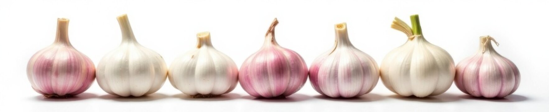 White background featuring multiple fresh garlic bulbs with green shoots, isolated, garlic