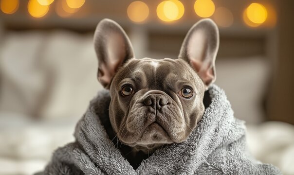 Cute French Bulldog Wrapped in Cozy Gray Blanket