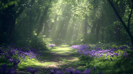 Fototapeta premium A lush forest path lined with violets, with beams of sunlight piercing through the forest canopy above.