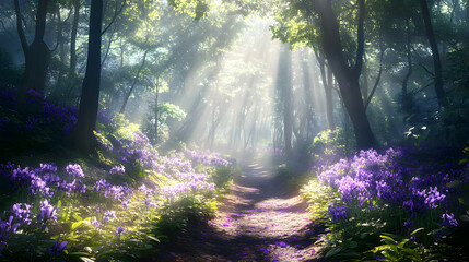 Obraz premium A lush forest path lined with violets, with beams of sunlight piercing through the forest canopy above.