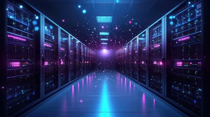 Obraz premium Futuristic server room with glowing lights and data particles.